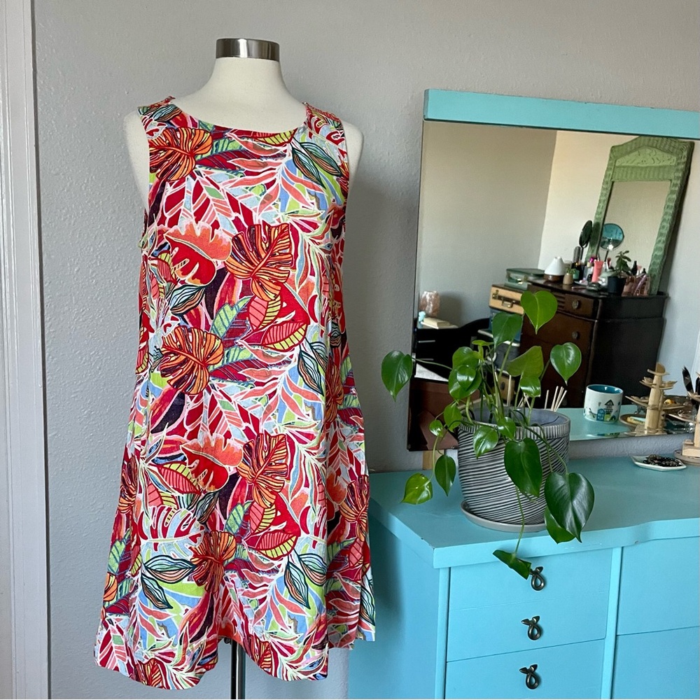 C&C California Colorful Leaf Print Sleeveless A-Line Linen Summer Dress Sz Large